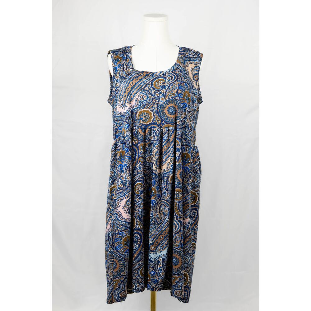 24 Seven 1X Dress Sleeveless Scoop Neck Paisley Blue Brown